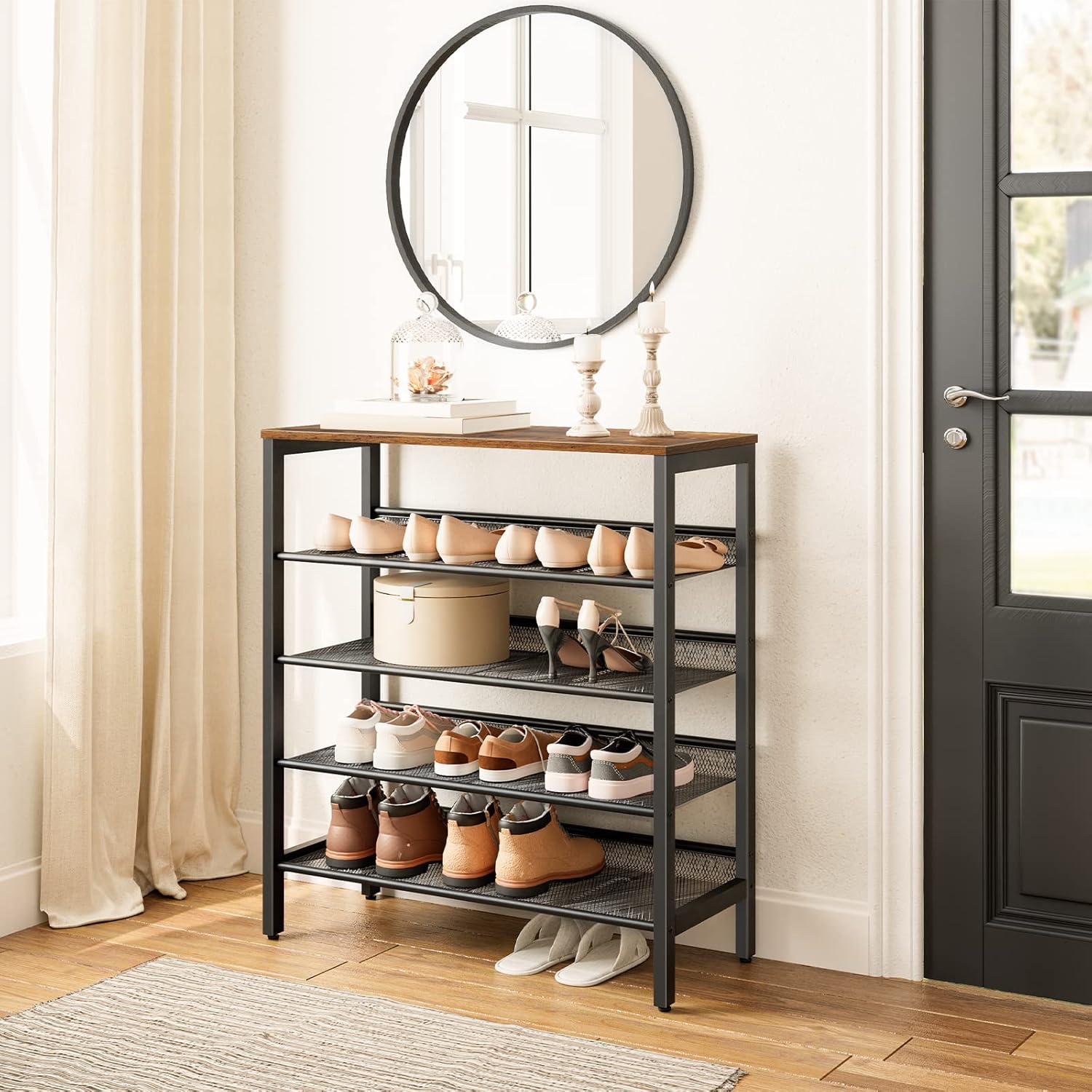 HOOBRO 5-Tier Shoe Rack, Adjustable Flat & Slanted Shoe Storage Organizer for 16 Pairs, Rustic Brown & Black