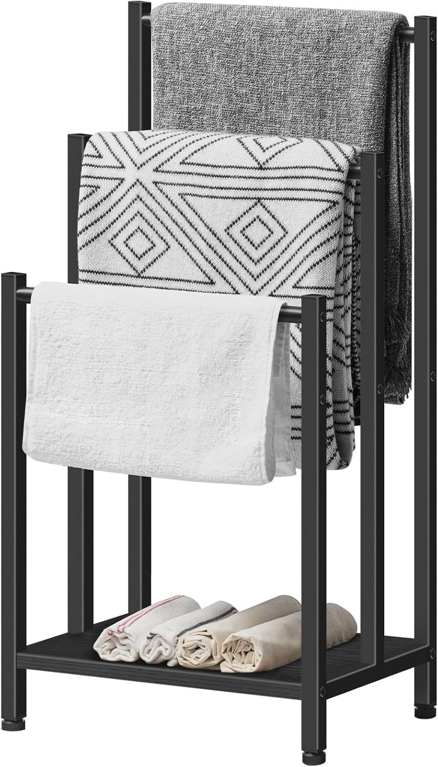 HOOBRO Freestanding Towel Rack, 3-Tier Blanket Ladder Holder with Storage Shelf, Industrial Metal Drying Rack, Black