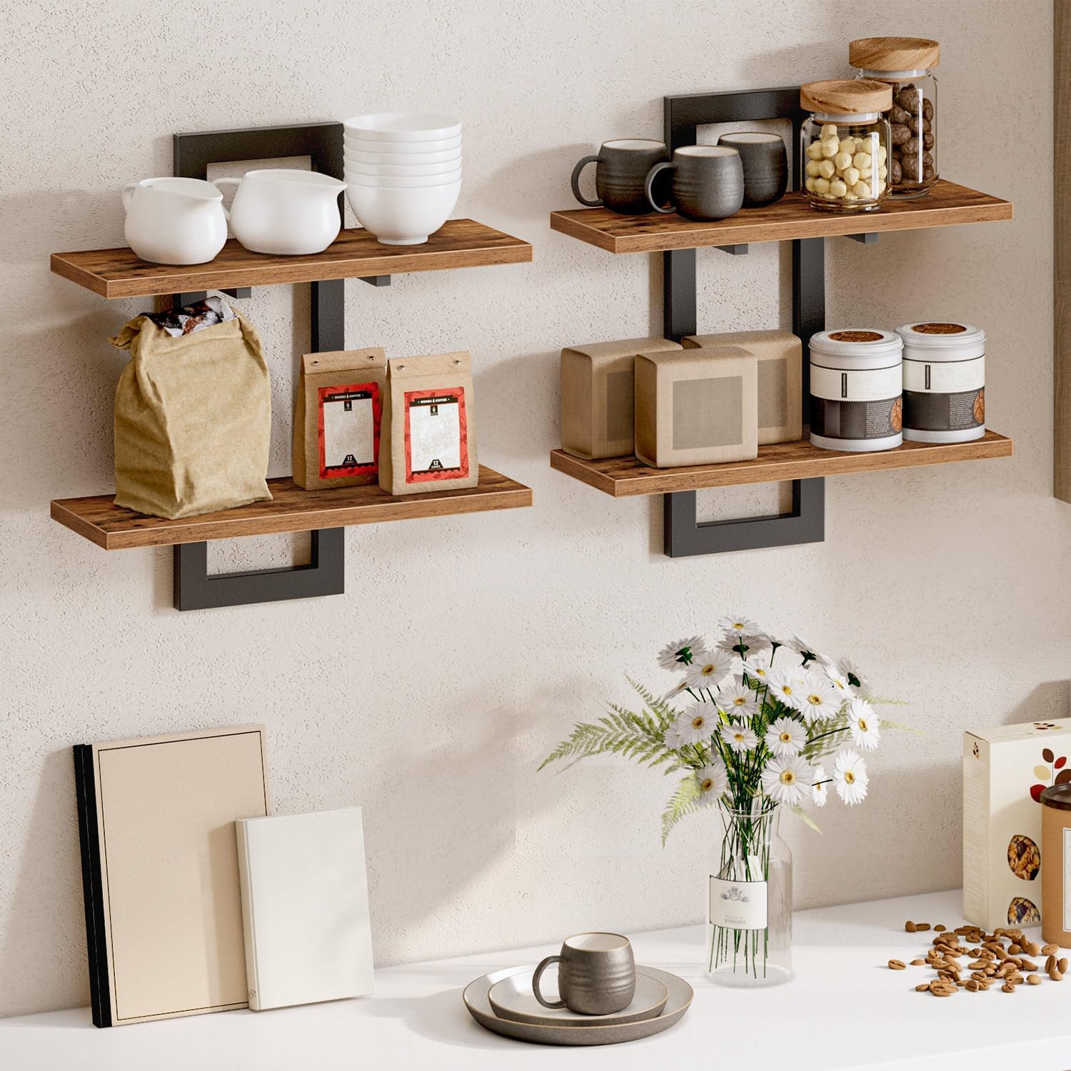 HOOBRO Floating Shelves Set of 2, 2-Tier Wall Mounted Storage Shelves, Rustic Brown & Black
