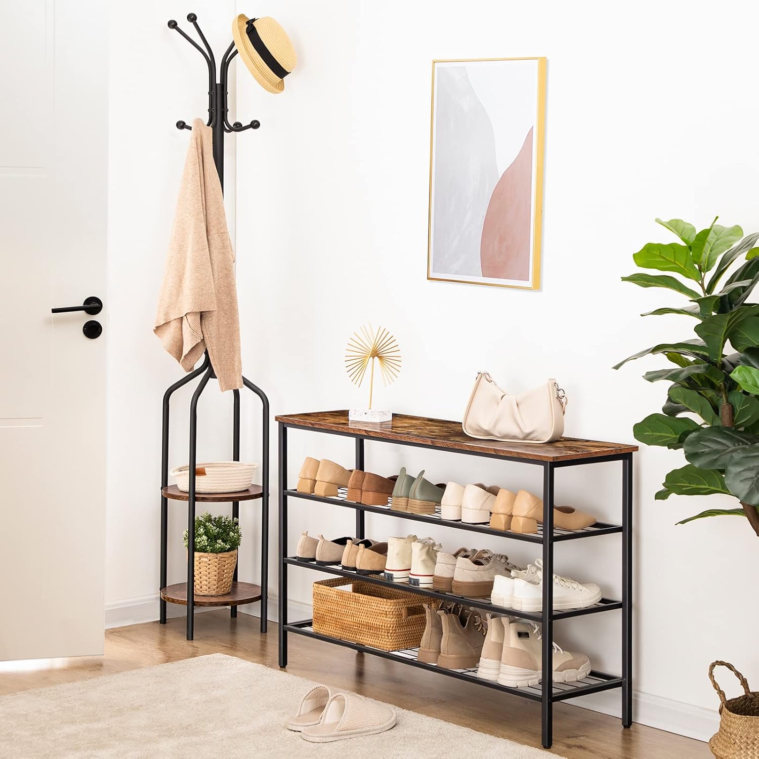 HOOBRO 4-Tier Industrial Shoe Rack Storage Organizer with Metal Mesh Shelves, Rustic Brown BF04XJ01