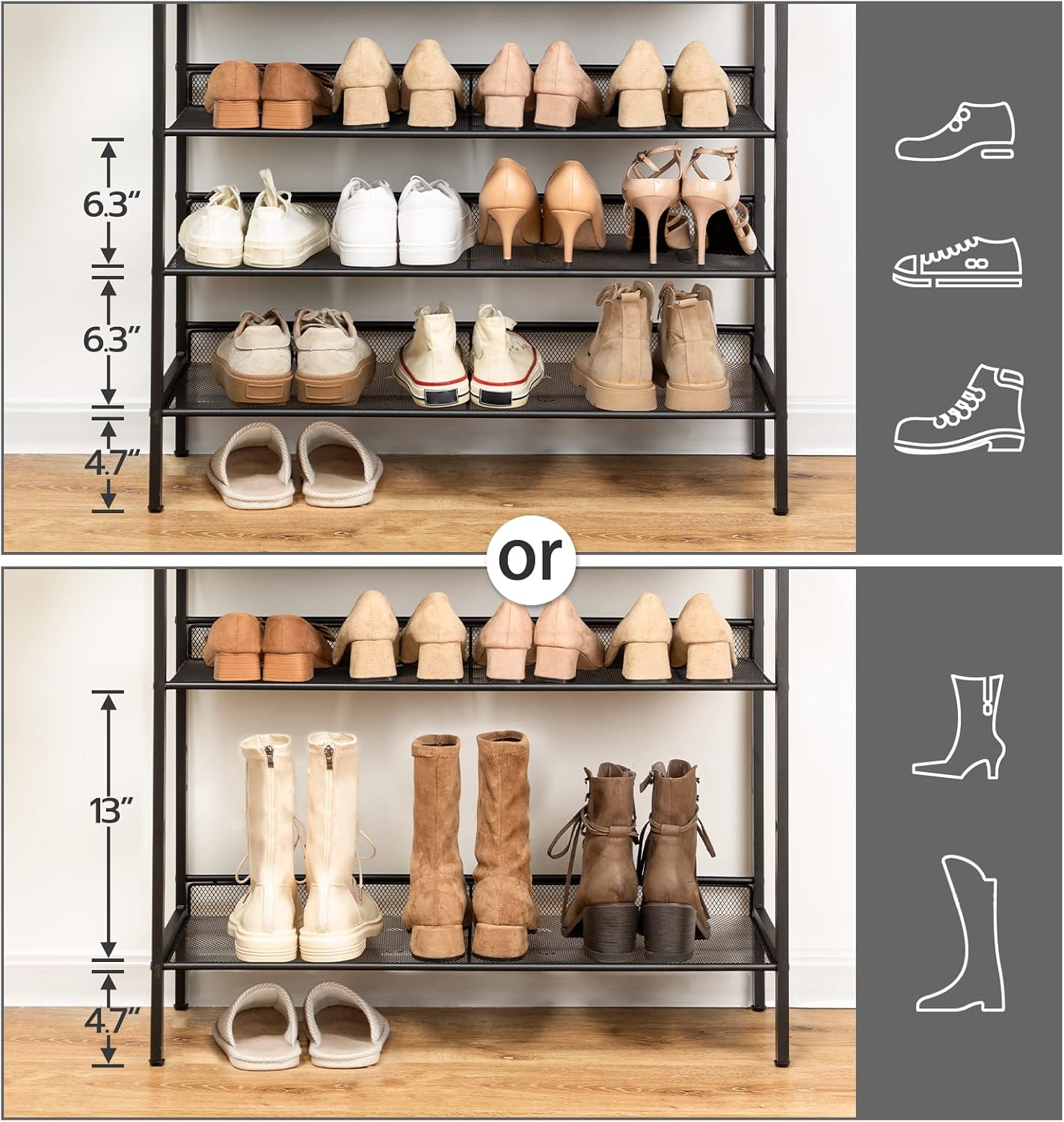 HOOBRO 5-Tier Shoe Rack, Adjustable Flat & Slanted Shoe Storage Organizer for 16 Pairs, Rustic Brown & Black