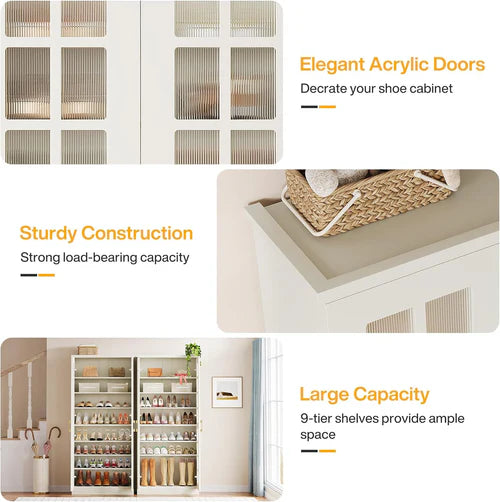 Shoe Cabinet 8-Tier Shoe Storage Rack with Adjustable Shelves and Acrylic Doors for Entryway Hallway White/Black