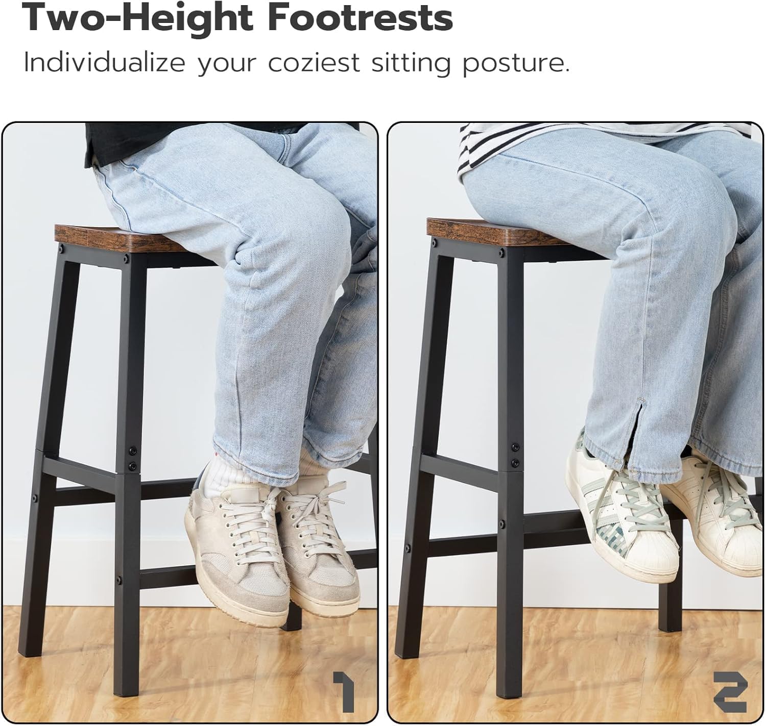 HOOBRO Bar Stools Set of 2, Industrial Saddle Counter Stools with Footrests, Rustic Brown & Black