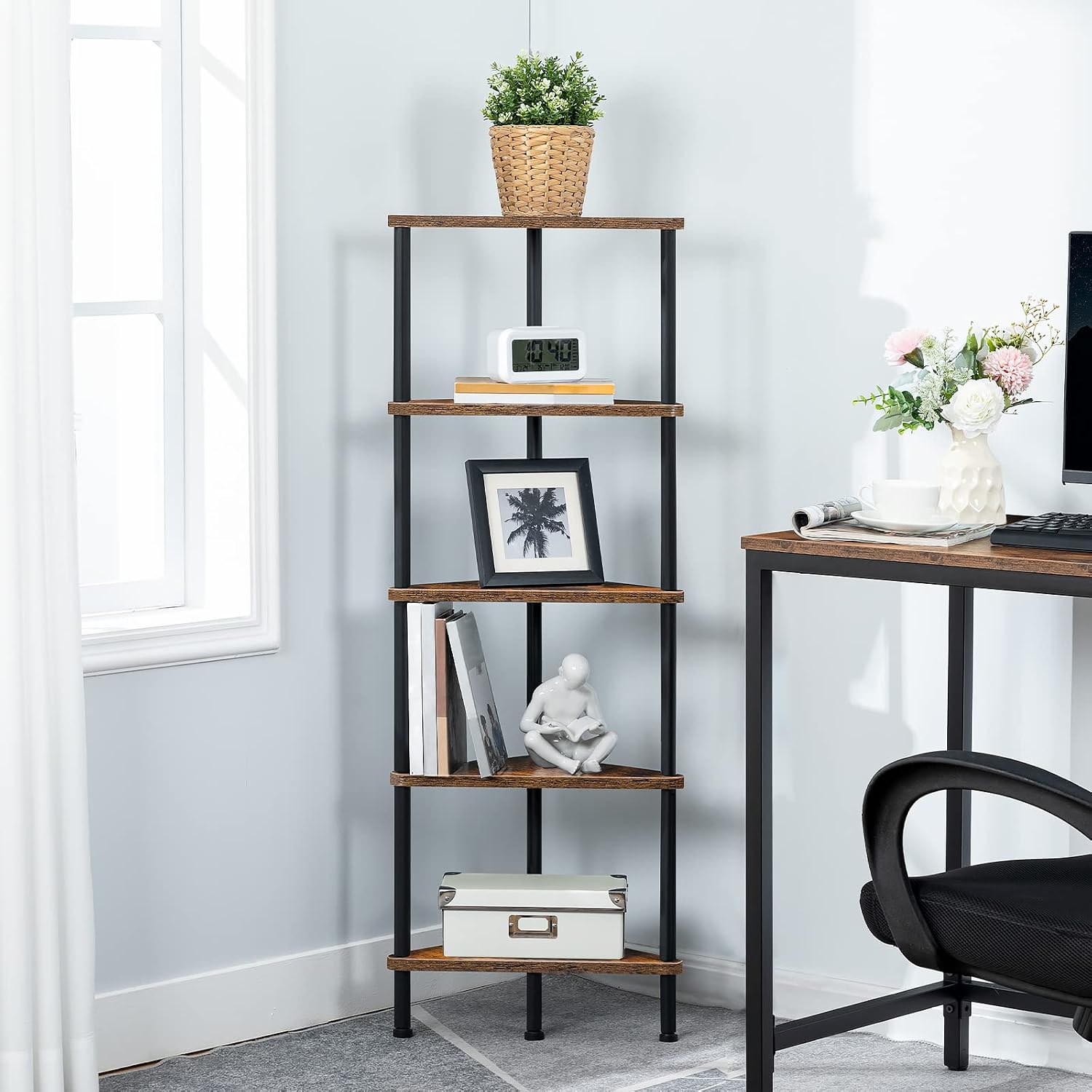 HOOBRO 5-Tier Corner Shelf, Industrial Corner Bookshelf & Plant Stand for Small Spaces, Rustic Brown & Black