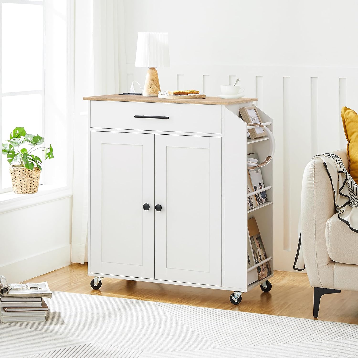 HOOBRO Kitchen Island Cart with Power Outlet, Rolling Kitchen Storage Cabinet with Drawer, Spice Rack & Adjustable Shelf, White & Natural