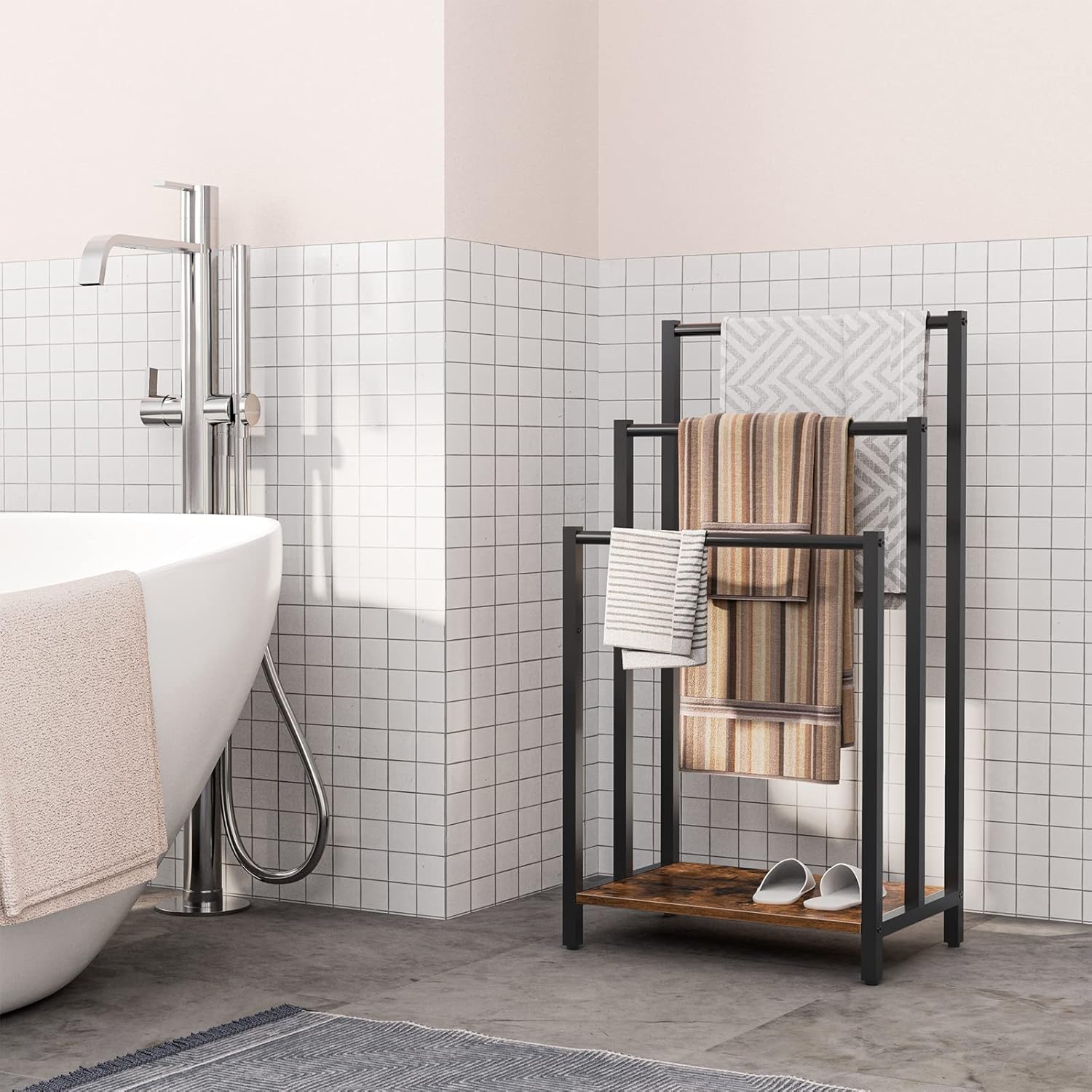 HOOBRO Freestanding Towel Rack, 3-Tier Metal Blanket Rack with Storage Shelf, Industrial Bathroom Towel Holder, Rustic Brown & Black
