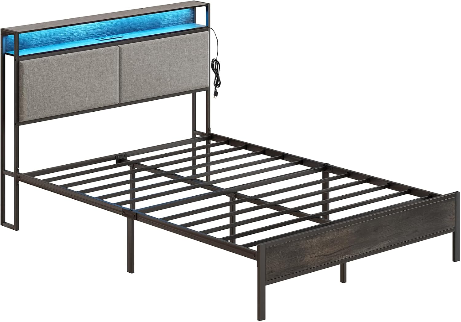 HOOBRO Full Size Bed Frame with Storage Headboard, Charging Station & 16-Color LED Lights, Charcoal Gray