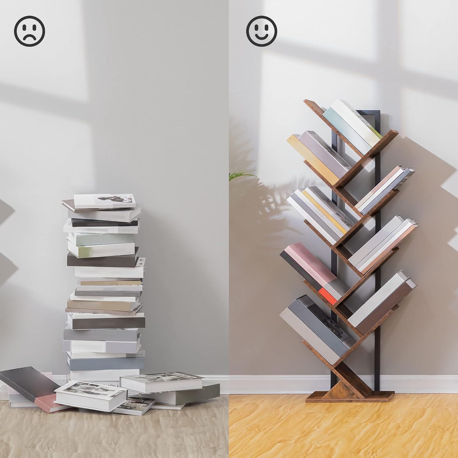 HOOBRO 9-Tier Tree Bookshelf, Freestanding Wooden Bookcase Storage Rack, Rustic Brown BF08SJ01G1