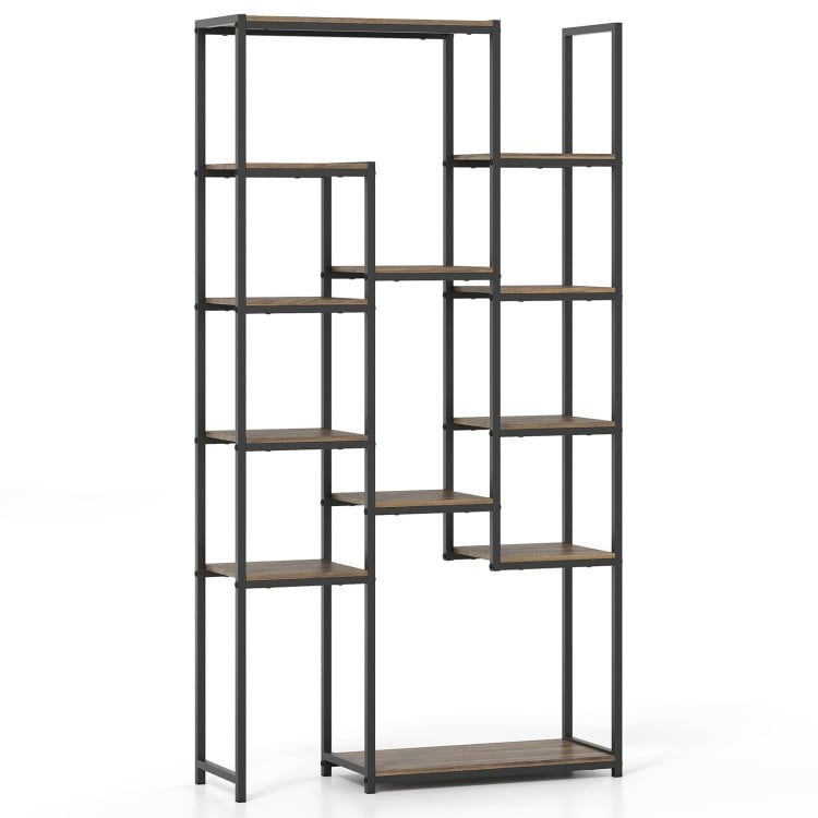 71 Inch Tall Vintage Geometric Bookshelf 12 Open Shelves-Walnut