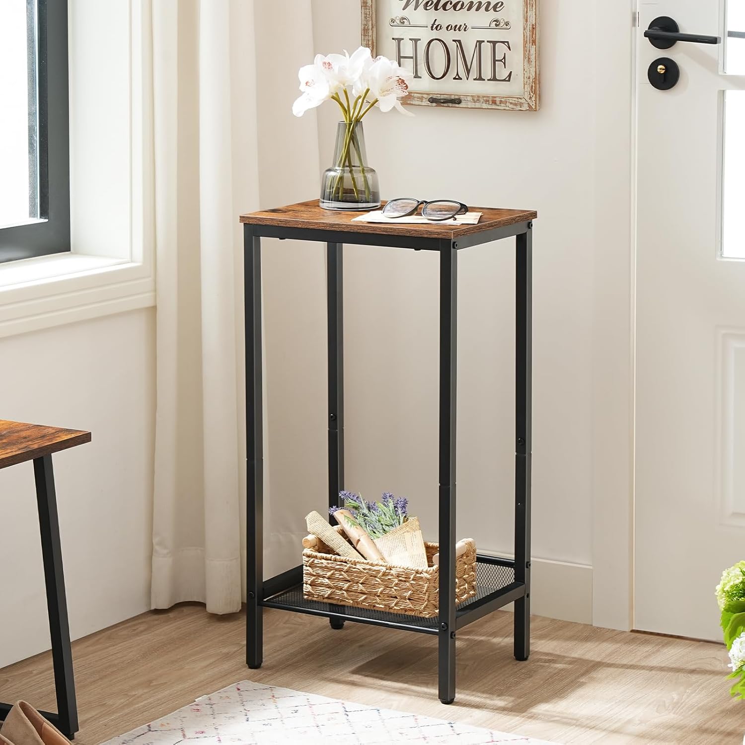 HOOBRO Tall Industrial Side Table BF03DH01 with Adjustable Mesh Shelves, Rustic Brown & Black