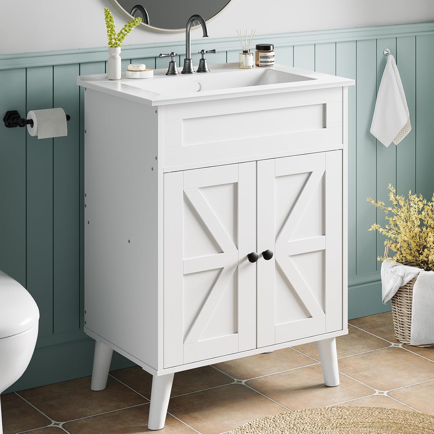 HOOBRO 24.2-Inch Bathroom Vanity with Ceramic Sink, Farmhouse Bathroom Cabinet with 2 Doors, White