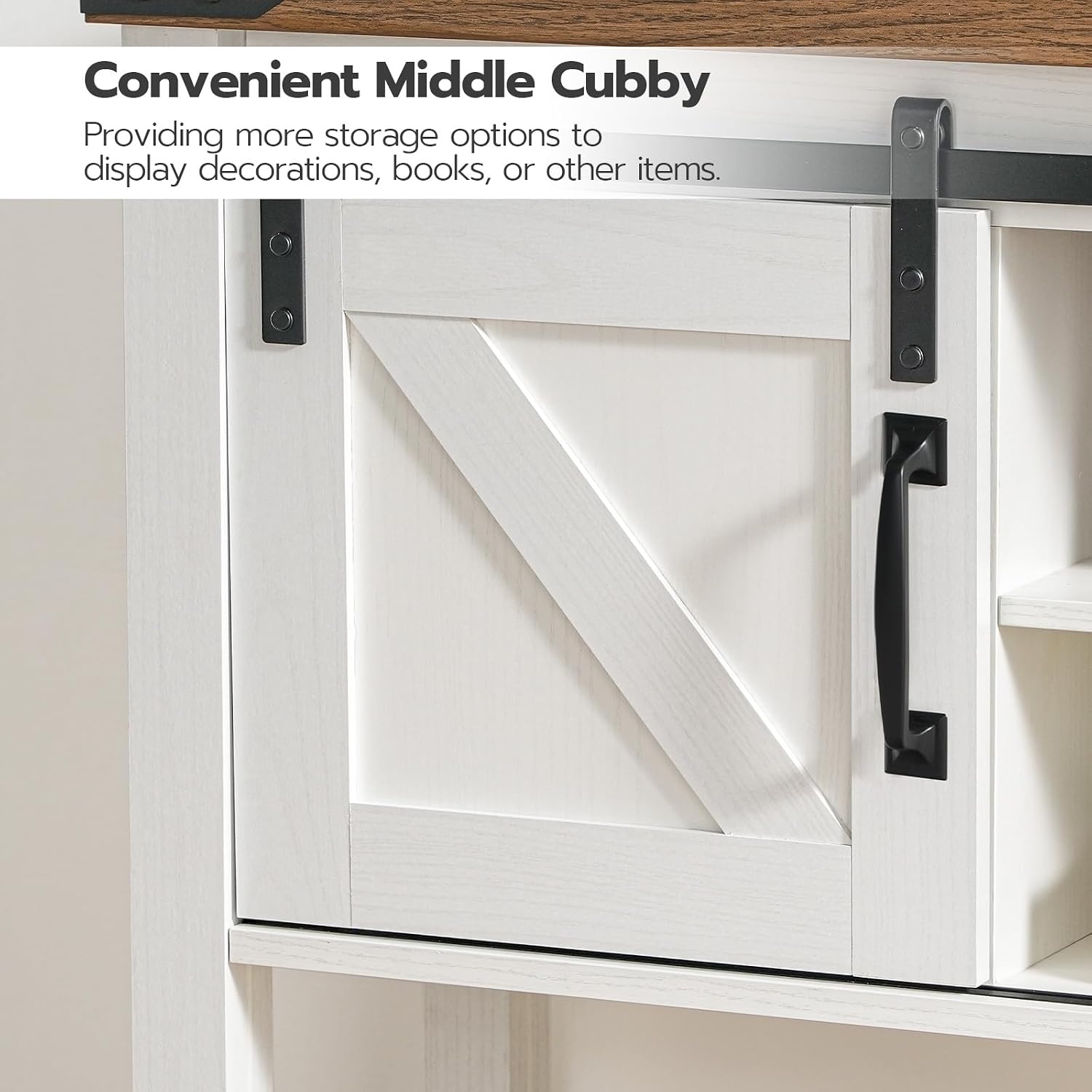 HOOBRO 39.4" Farmhouse Console Table with Sliding Barn Doors, Storage Cabinets & Open Shelf, White & Walnut