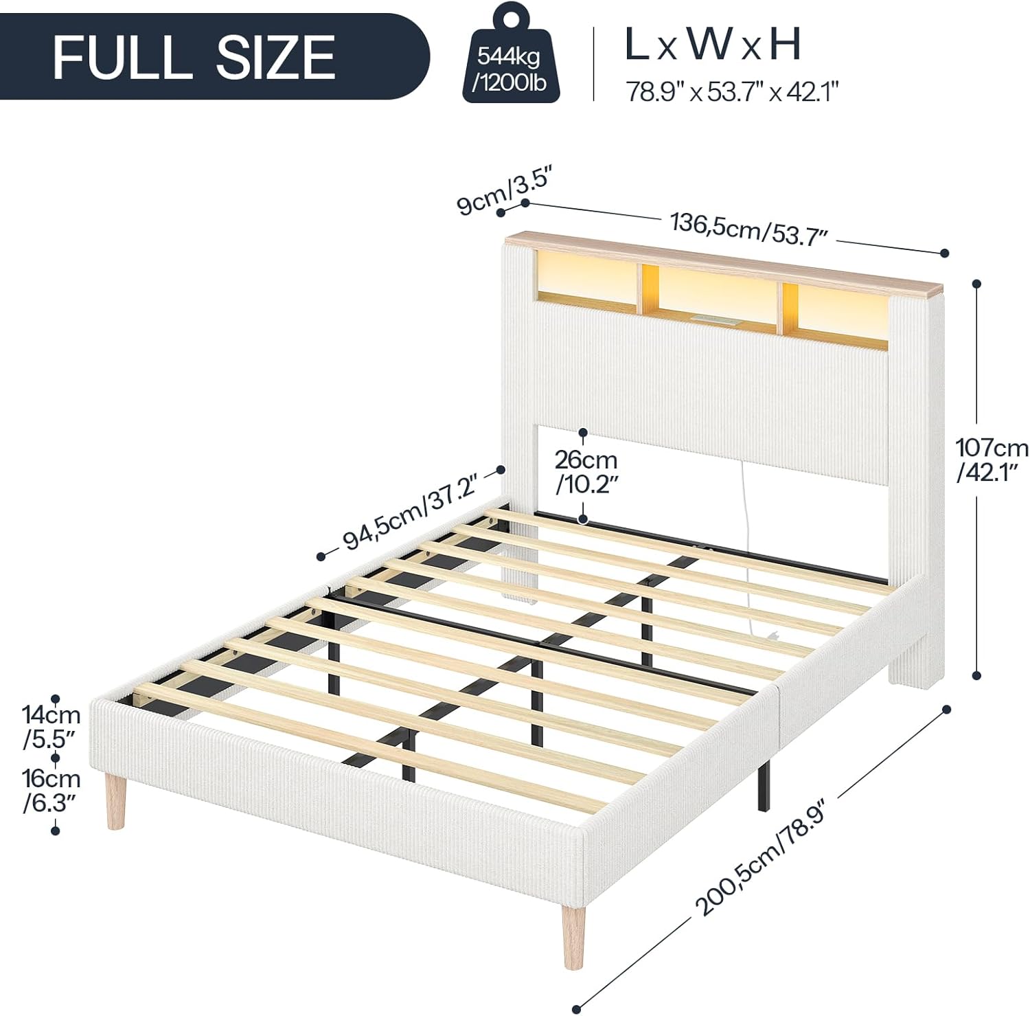 HOOBRO Full Bed Frame with Charging Station, LED Lights & Storage Headboard, Upholstered Corduroy Platform Bed, Beige