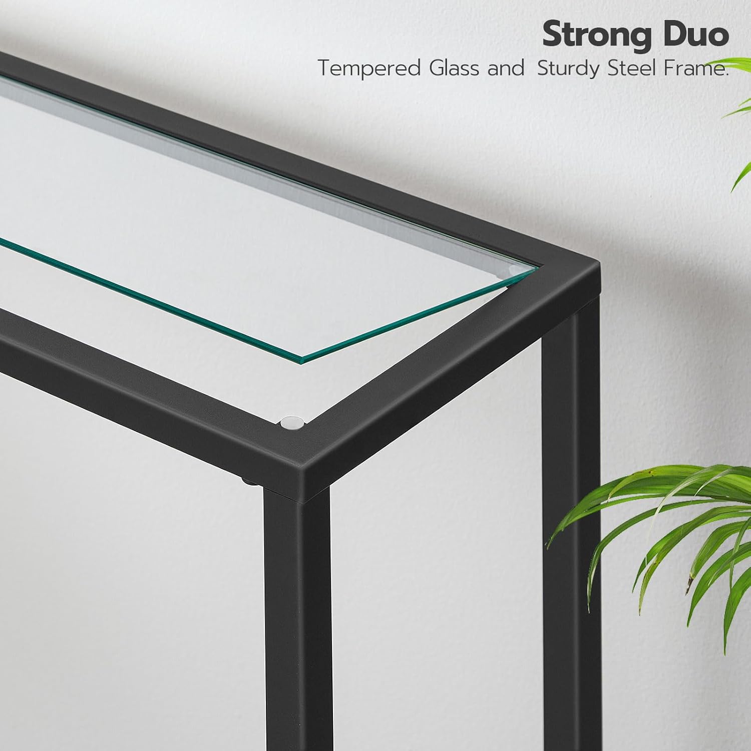 HOOBRO 39.4" Narrow Tempered Glass Console Table, 2-Tier Modern Sofa & Entryway Table with Metal Frame, Black BK04XG01