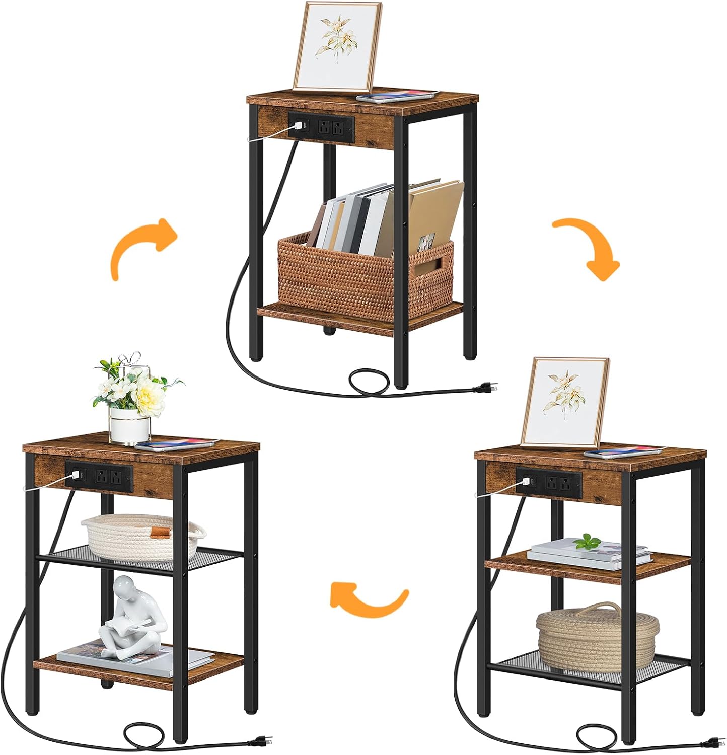 HOOBRO End Table with Charging Station, 3-Tier Nightstand with Adjustable Shelf, Rustic Brown BF112BZ01