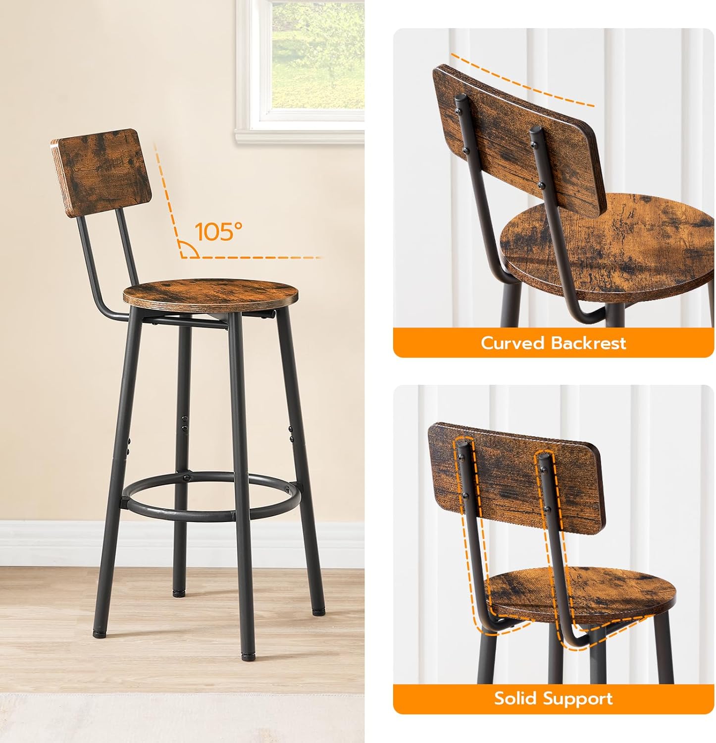HOOBRO Bar Stools Set of 2 with Backrest & Footrest, Industrial Counter Height Bar Chairs, Rustic Brown & Black BF32BY01G2