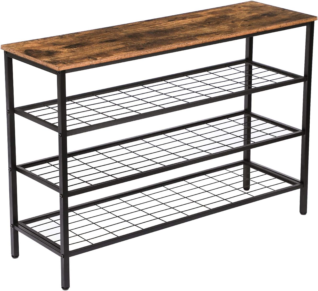 HOOBRO 4-Tier Industrial Shoe Rack Storage Organizer with Metal Mesh Shelves, Rustic Brown BF04XJ01