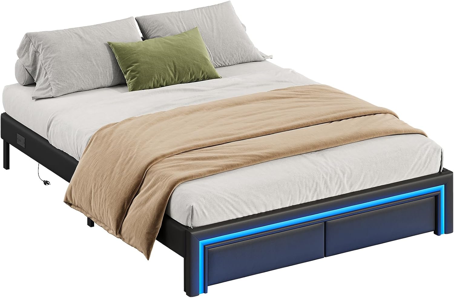 HOOBRO Queen Size Upholstered Metal Bed Frame with RGB LED Lights, Charging Station & 2 Storage Drawers, Black