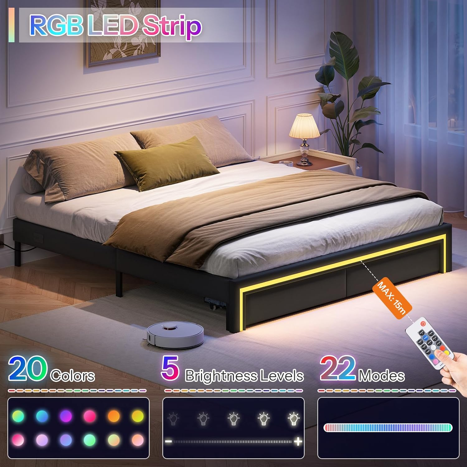HOOBRO King Size Upholstered Metal Bed Frame with LED Light Strip, Charging Station & 2 Storage Drawers, Black BB42UDBF01