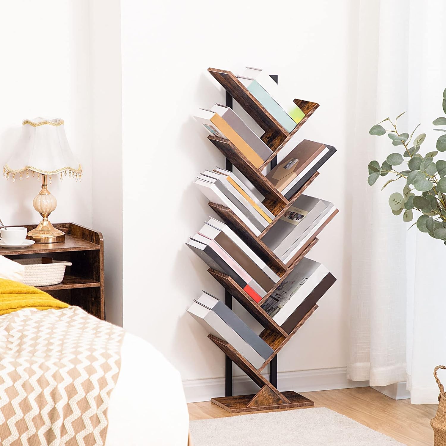 HOOBRO 9-Tier Tree Bookshelf, Freestanding Wooden Bookcase Storage Rack, Rustic Brown BF08SJ01G1