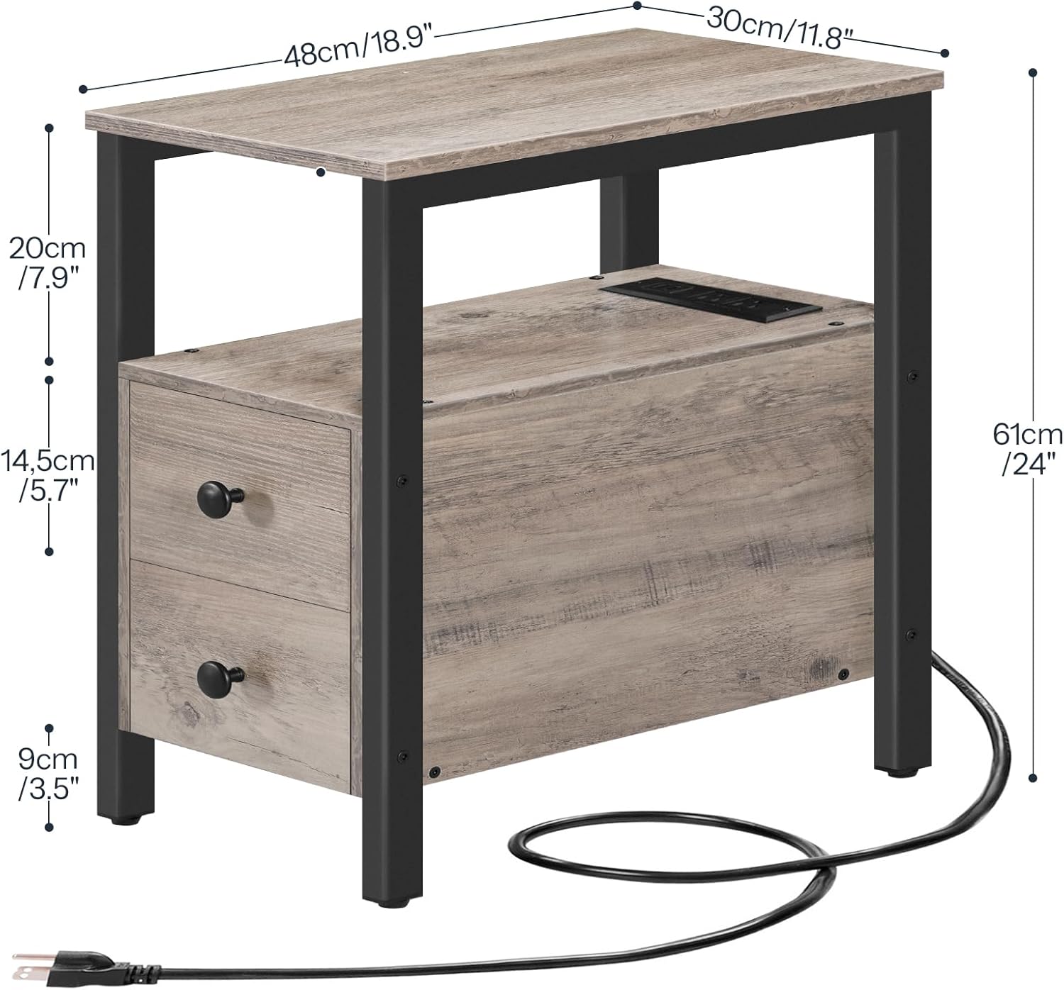 HOOBRO End Table with Charging Station, Narrow Side Table with 2 Drawers, USB & Type-C Ports, Greige & Black BG541BZ01