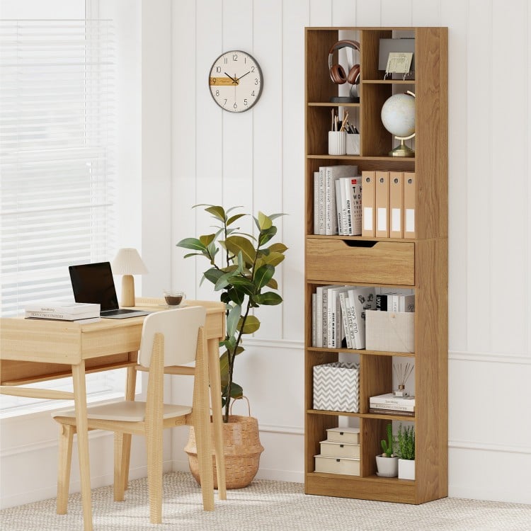 71inch Tall Freestanding Bookcase with Drawer 10-Cube Storage Organizer-Natural