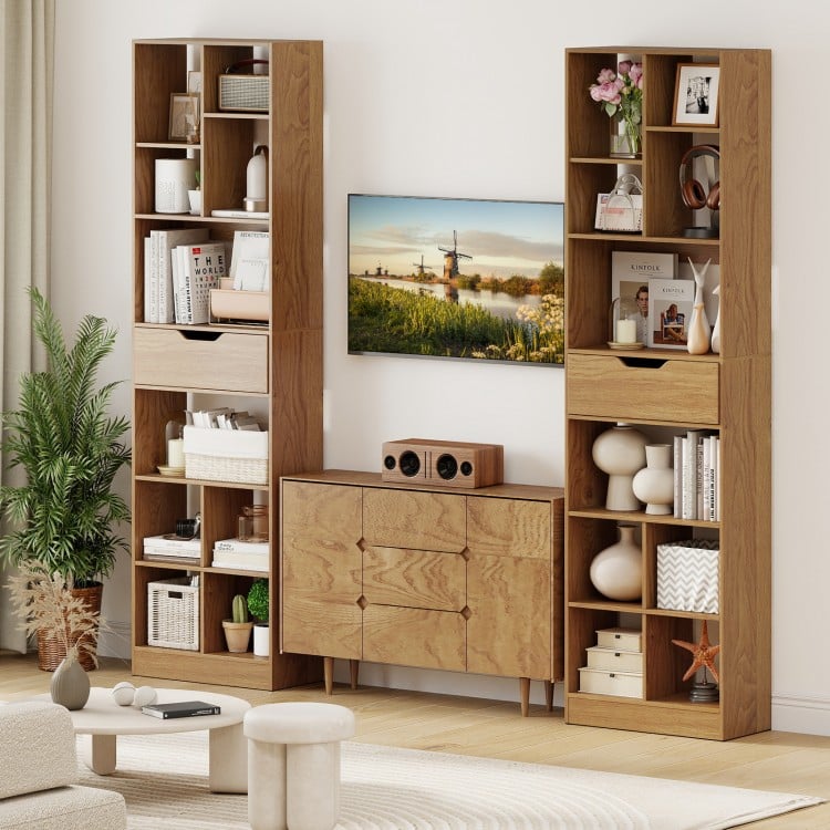 71inch Tall Freestanding Bookcase with Drawer 10-Cube Storage Organizer-Natural