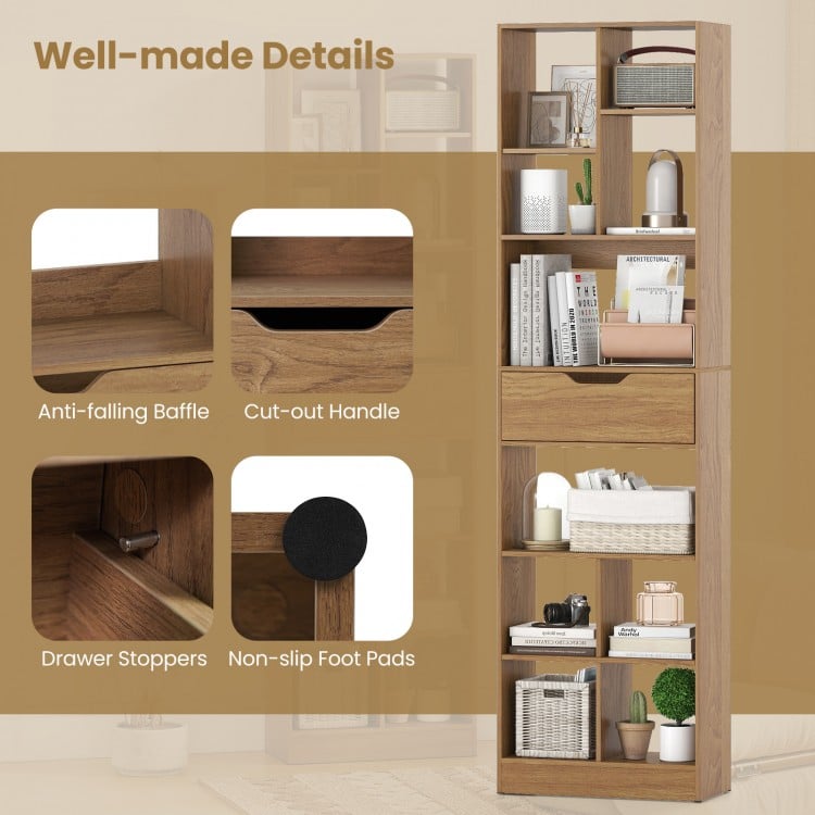 71inch Tall Freestanding Bookcase with Drawer 10-Cube Storage Organizer-Natural