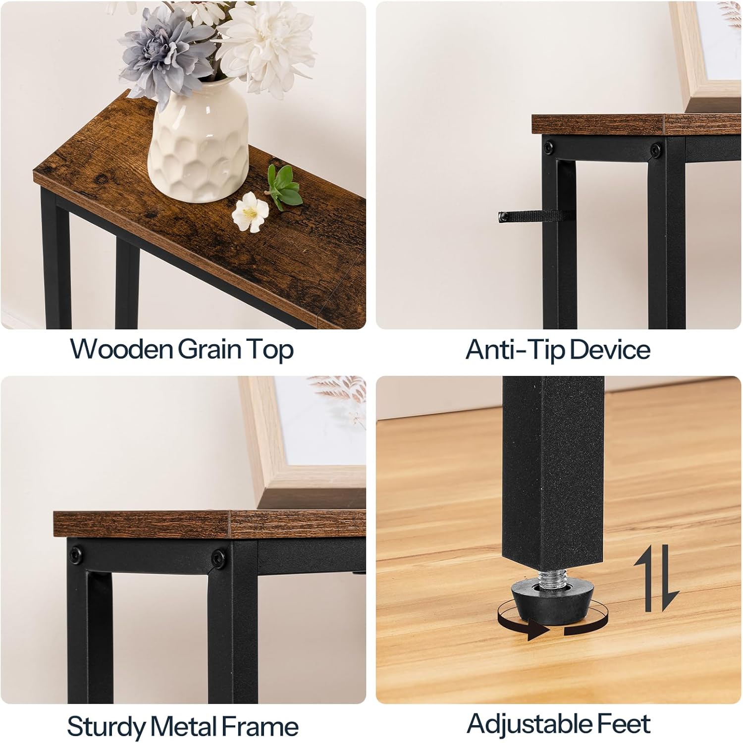 HOOBRO 63" Skinny Console Table with Charging Station, Narrow Sofa Table with USB & Type-C Ports, Rustic Brown & Black