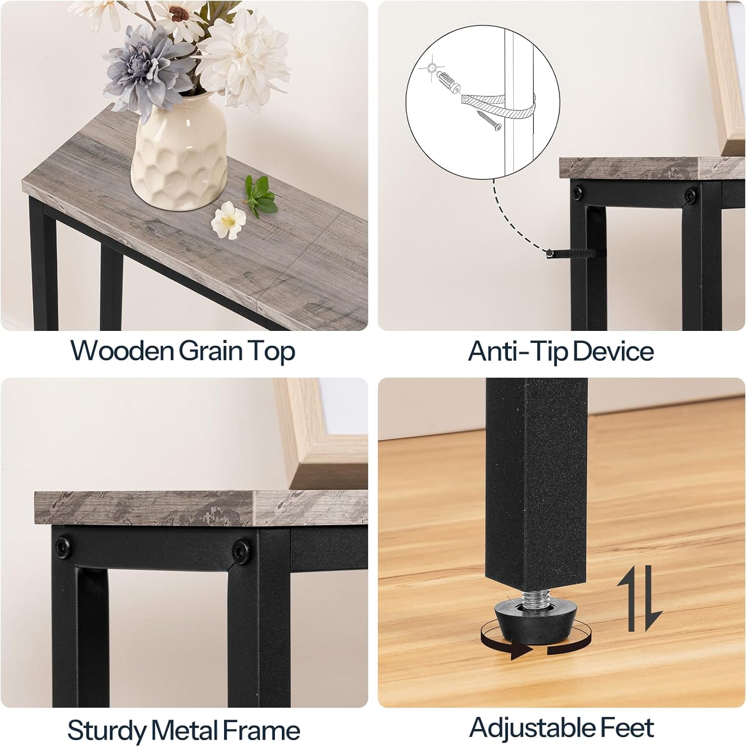 HOOBRO 180 cm Skinny Console Table with Charging Station, Narrow Sofa Table with Power Outlets, Slim Entryway Table, Greige & Black BG185UXG01G1