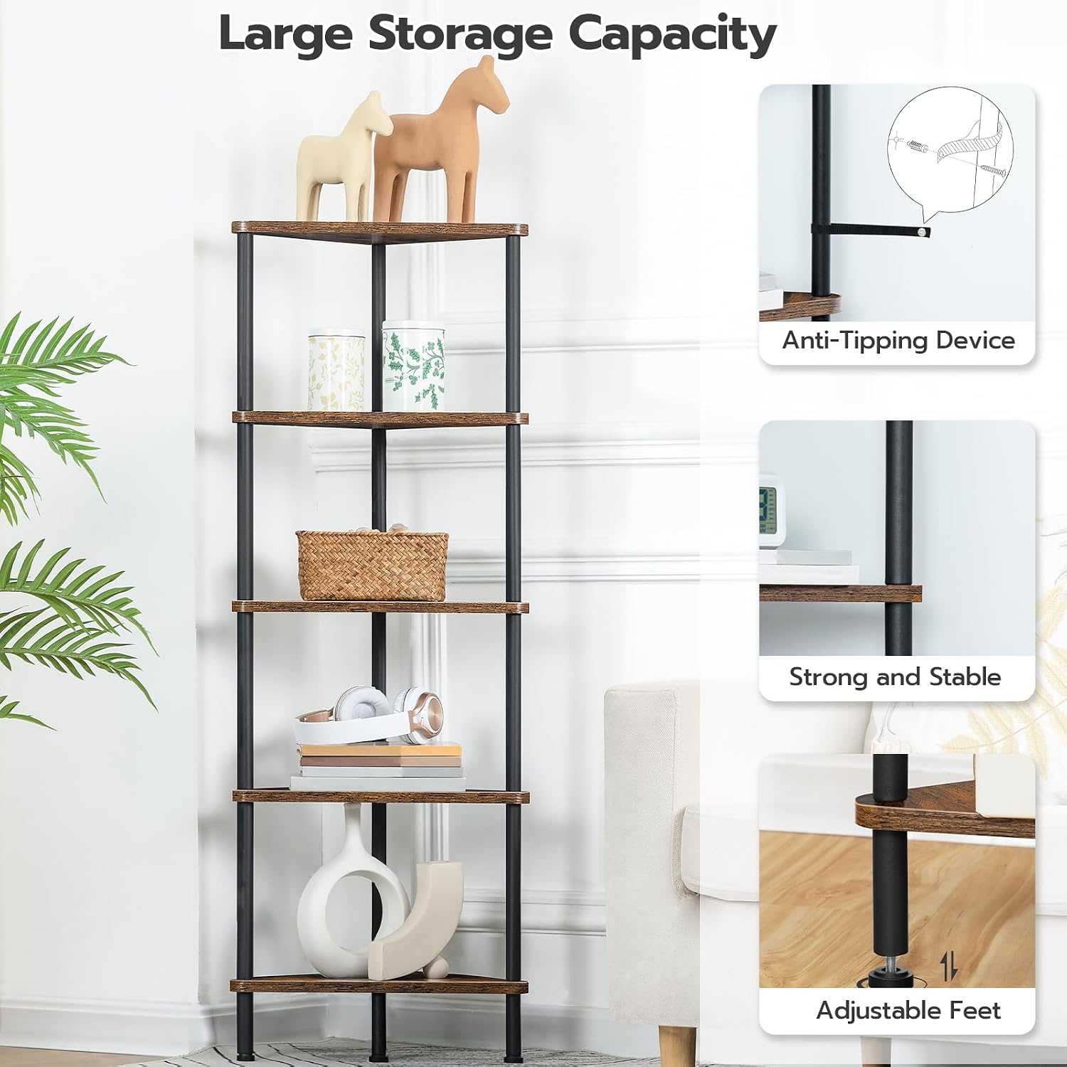 HOOBRO 5-Tier Corner Shelf, Industrial Corner Bookshelf & Plant Stand for Small Spaces, Rustic Brown & Black