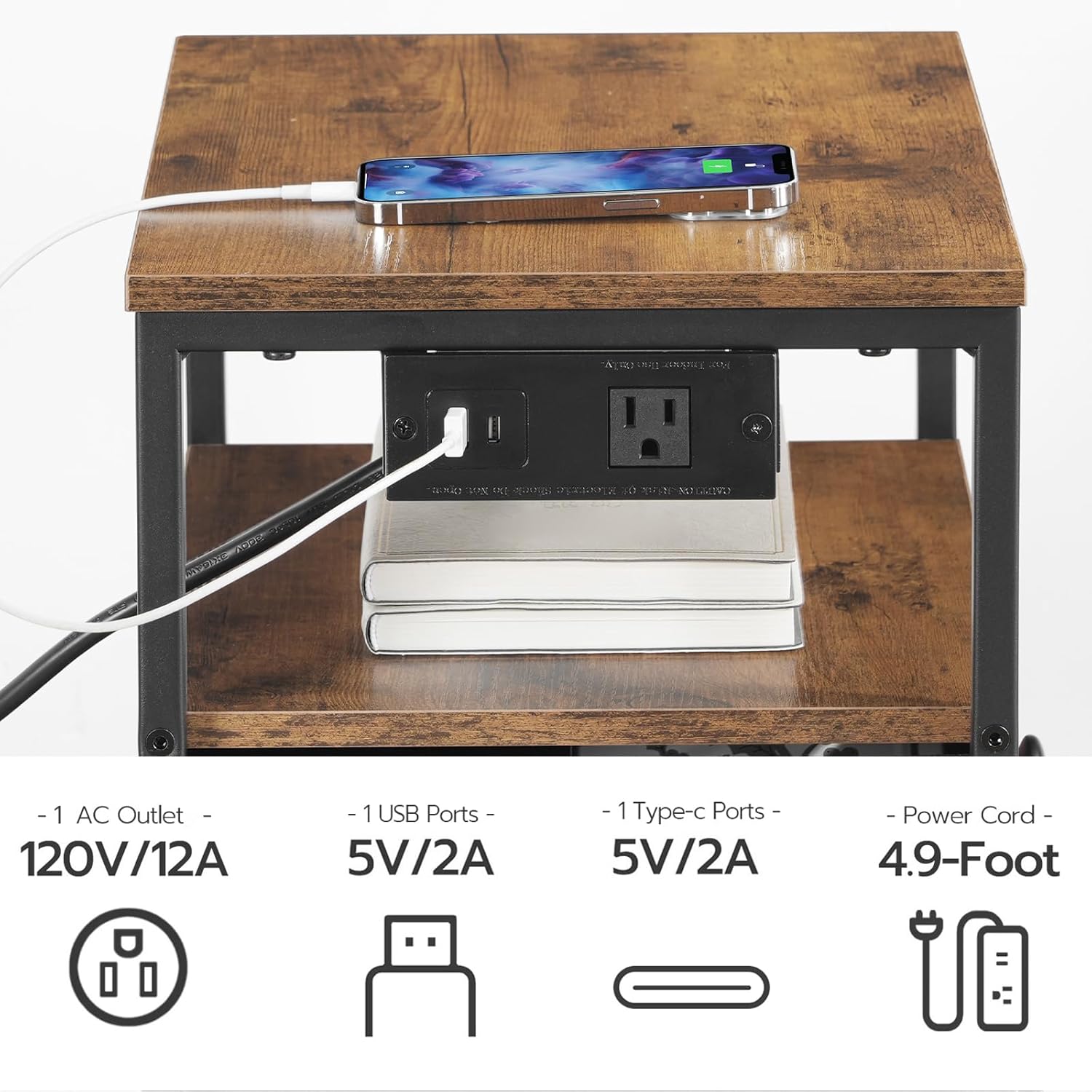 HOOBRO Bedside Table with Charging Station, Narrow Nightstand with 3 Fabric Drawers, USB & Type-C Ports, End Table with Open Storage Shelves, Rustic Brown BF403UBZ01