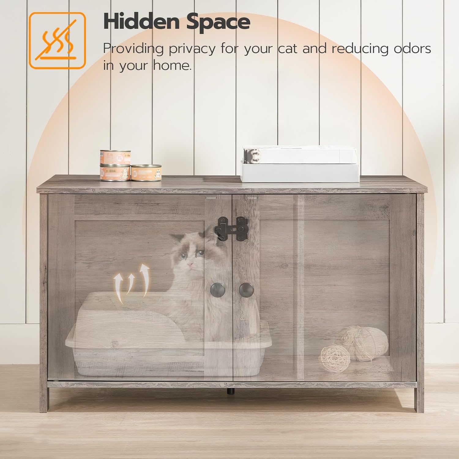 HOOBRO Cat Litter Box Enclosure, Hidden Cat Washroom Furniture with Divider, Wooden Pet House End Table, Large Cat Litter Box Cabinet, Greige BG03MW01G2