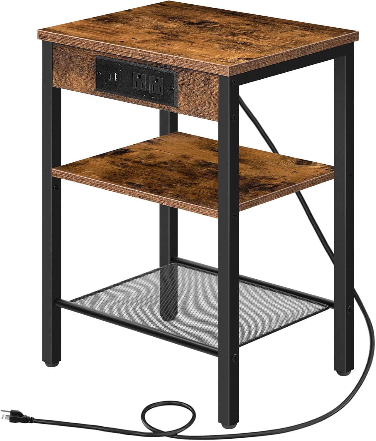 HOOBRO End Table with Charging Station, 3-Tier Nightstand with Adjustable Shelf, Rustic Brown BF112BZ01