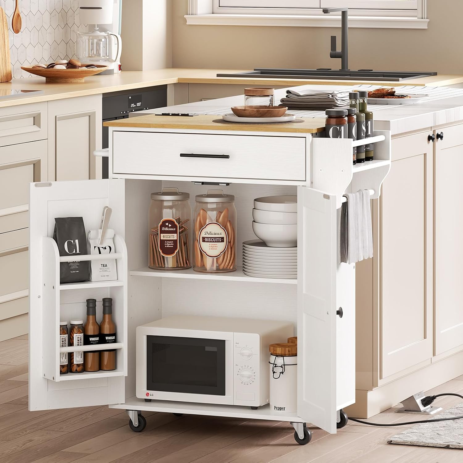 HOOBRO Kitchen Island Cart with Power Outlet, Storage Cabinet, Drawer & Spice Rack, Rolling Kitchen Cart, White & Natural