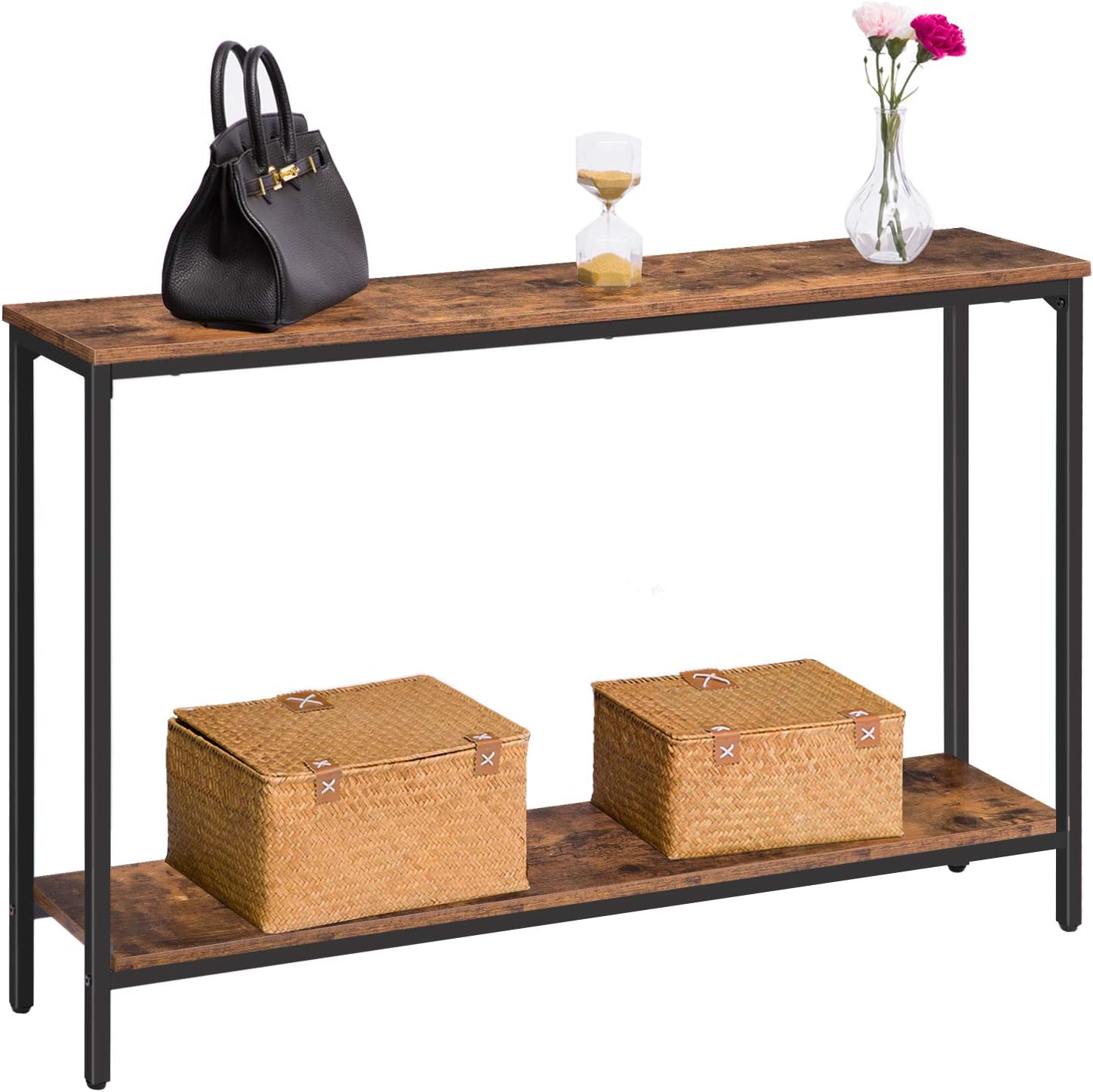 HOOBRO 120 cm Narrow Console Table with Storage Shelf, Industrial Sofa Table for Entryway, Hallway & Living Room, Rustic Brown BF20XG01G1