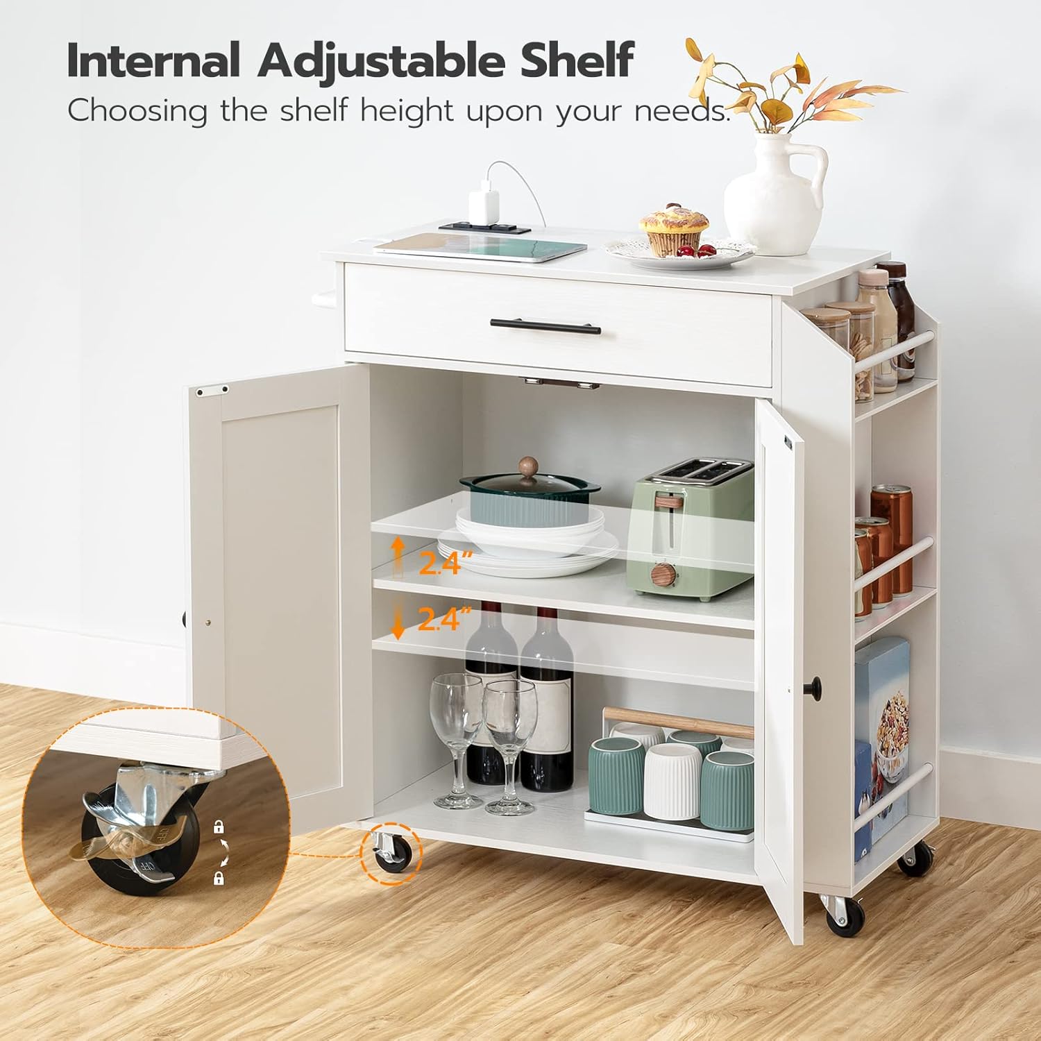 HOOBRO Kitchen Island Cart with Power Outlet, Storage Cabinet, Drawer & Spice Rack, Rolling Kitchen Cart on Wheels, White