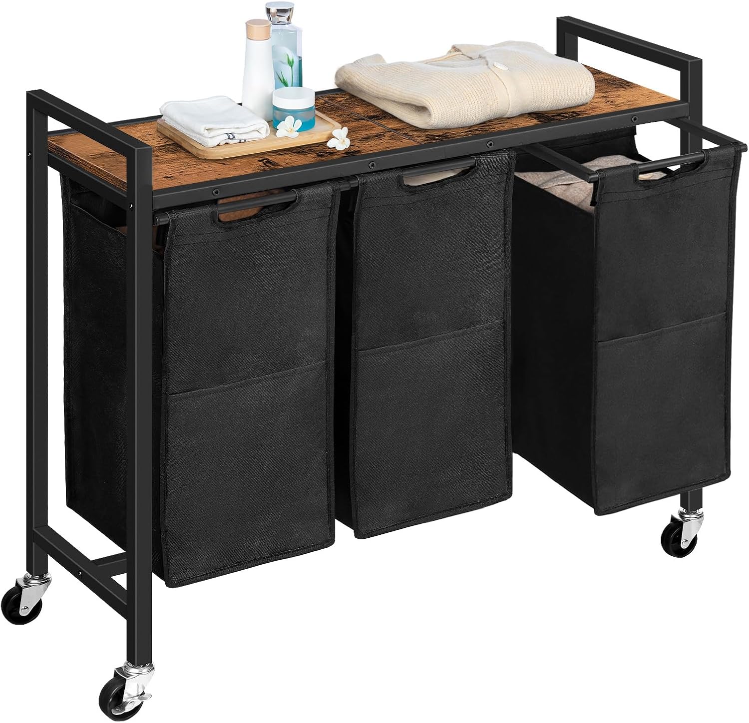 HOOBRO 3-Section Laundry Sorter with Wheels, 130L Rolling Laundry Hamper with Removable Oxford Fabric Bags, Rustic Brown & Black BF76XY01