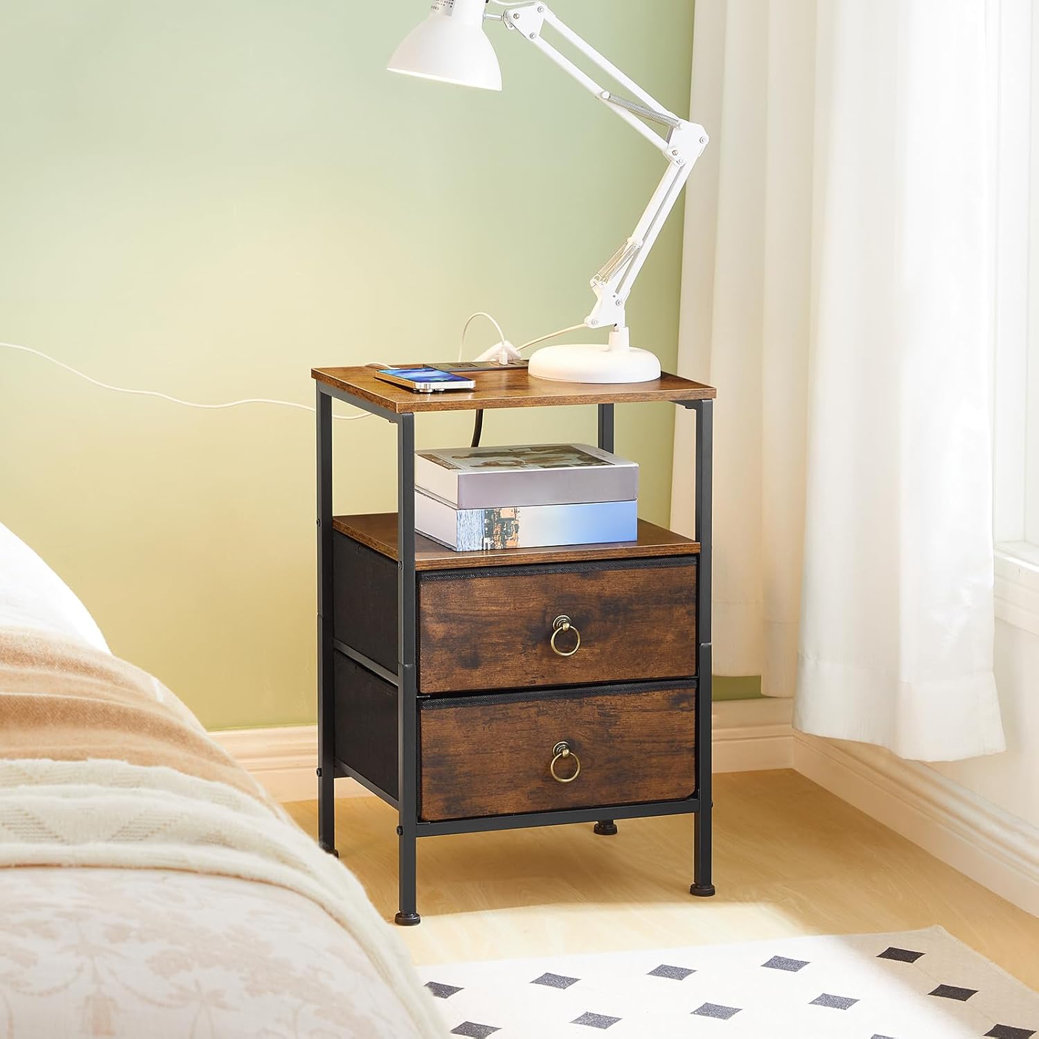HOOBRO Nightstand with Charging Station, Bedside Table with 2 Fabric Drawers, USB & Type-C Ports, Rustic Brown & Black