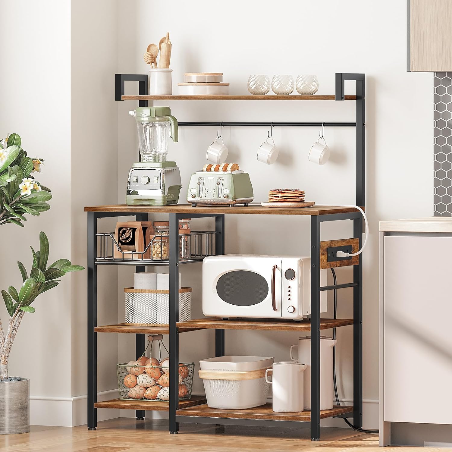 HOOBRO Kitchen Baker's Rack with Power Outlet, Coffee Bar & Microwave Stand, 6-Tier Storage Shelf with Mesh Basket and Hooks, Rustic Brown & Black