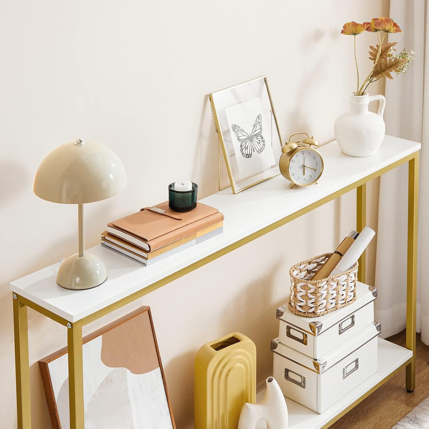 HOOBRO 120cm Console Table, 2-Tier Narrow Entryway Sofa Table with Open Storage Shelves, White & Gold
