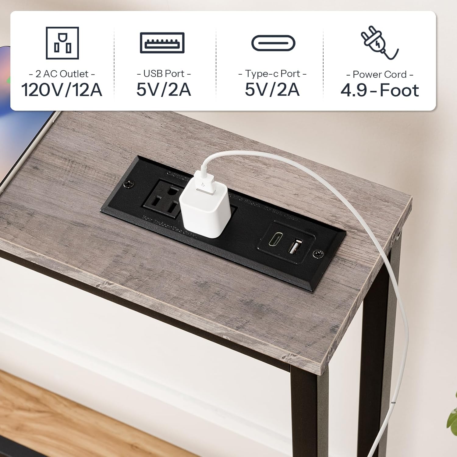 HOOBRO 180 cm Skinny Console Table with Charging Station, Narrow Sofa Table with Power Outlets, Slim Entryway Table, Greige & Black BG185UXG01G1
