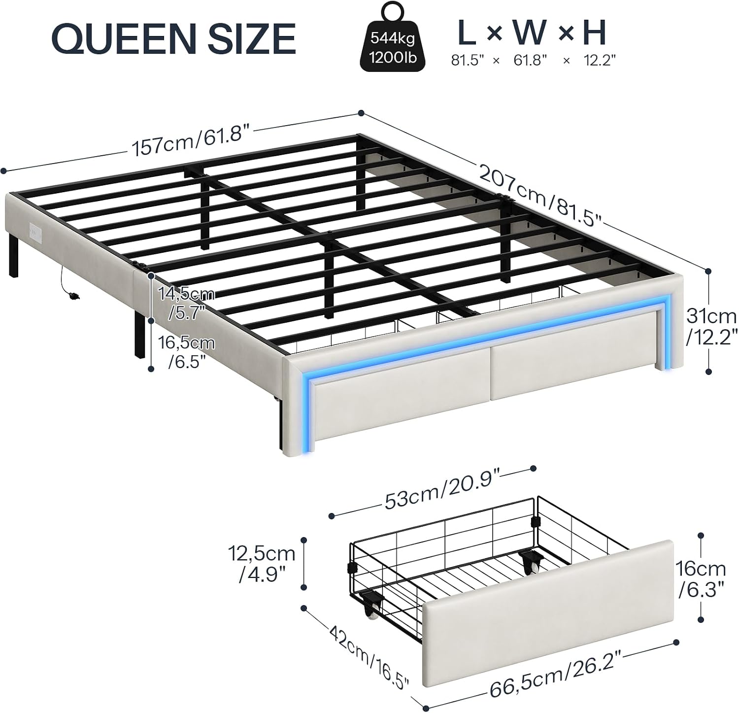 HOOBRO Queen Bed Frame with LED Lights, Charging Station & 2 Storage Drawers, Upholstered Platform Bed, Cream White