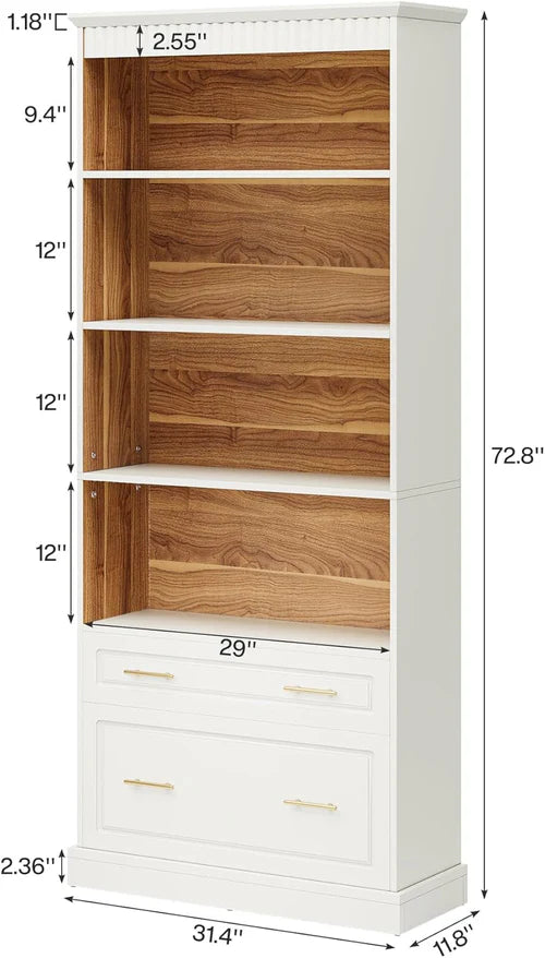 Bookshelf 72" 5-Shelf Bookcase with Drawers Freestanding Display Shelf White