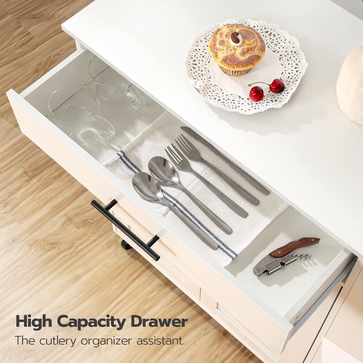 HOOBRO Kitchen Island Cart with Power Outlet, Storage Cabinet, Drawer & Spice Rack, Rolling Kitchen Cart on Wheels, White