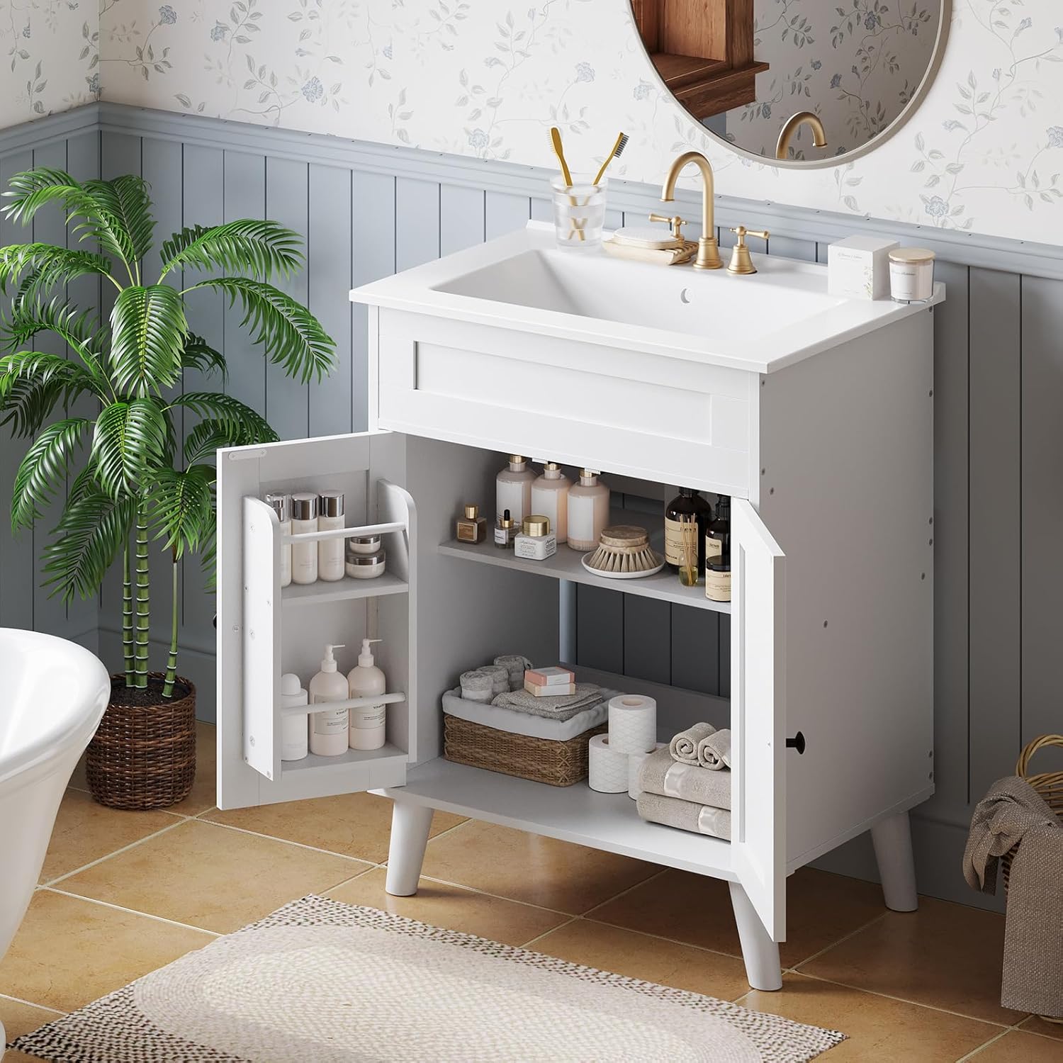 HOOBRO 24.2-Inch Bathroom Vanity with Ceramic Sink, Farmhouse Bathroom Cabinet with 2 Doors, White