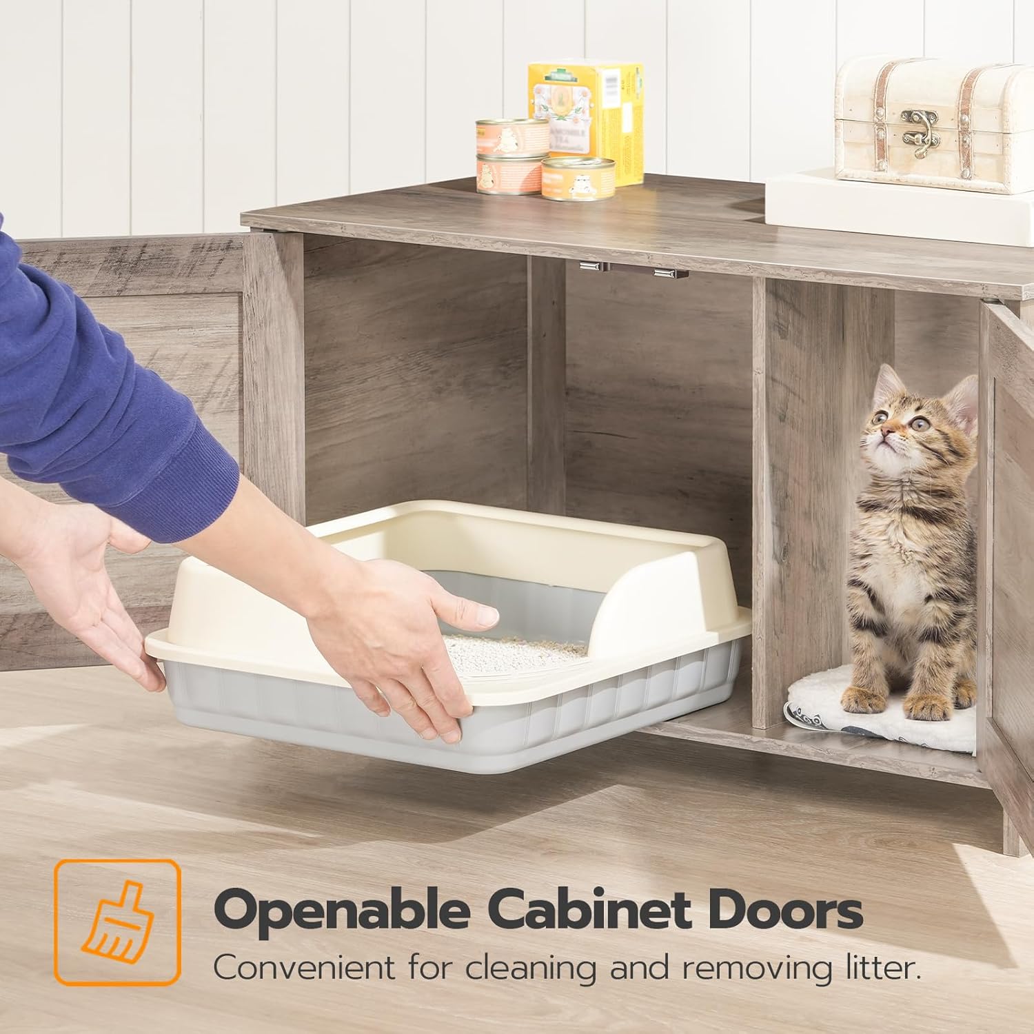 HOOBRO Cat Litter Box Enclosure, Hidden Cat Washroom Furniture with Divider, Wooden Pet House End Table, Large Cat Litter Box Cabinet, Greige BG03MW01G2