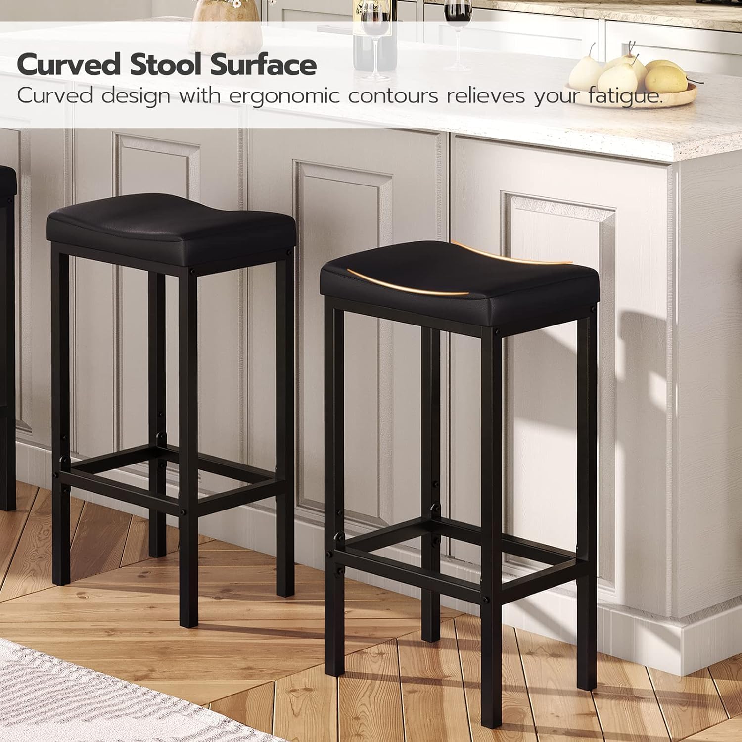 HOOBRO Bar Stools Set of 2, Counter Height Saddle Bar Chairs with PU Leather Cushioned Seats, Black