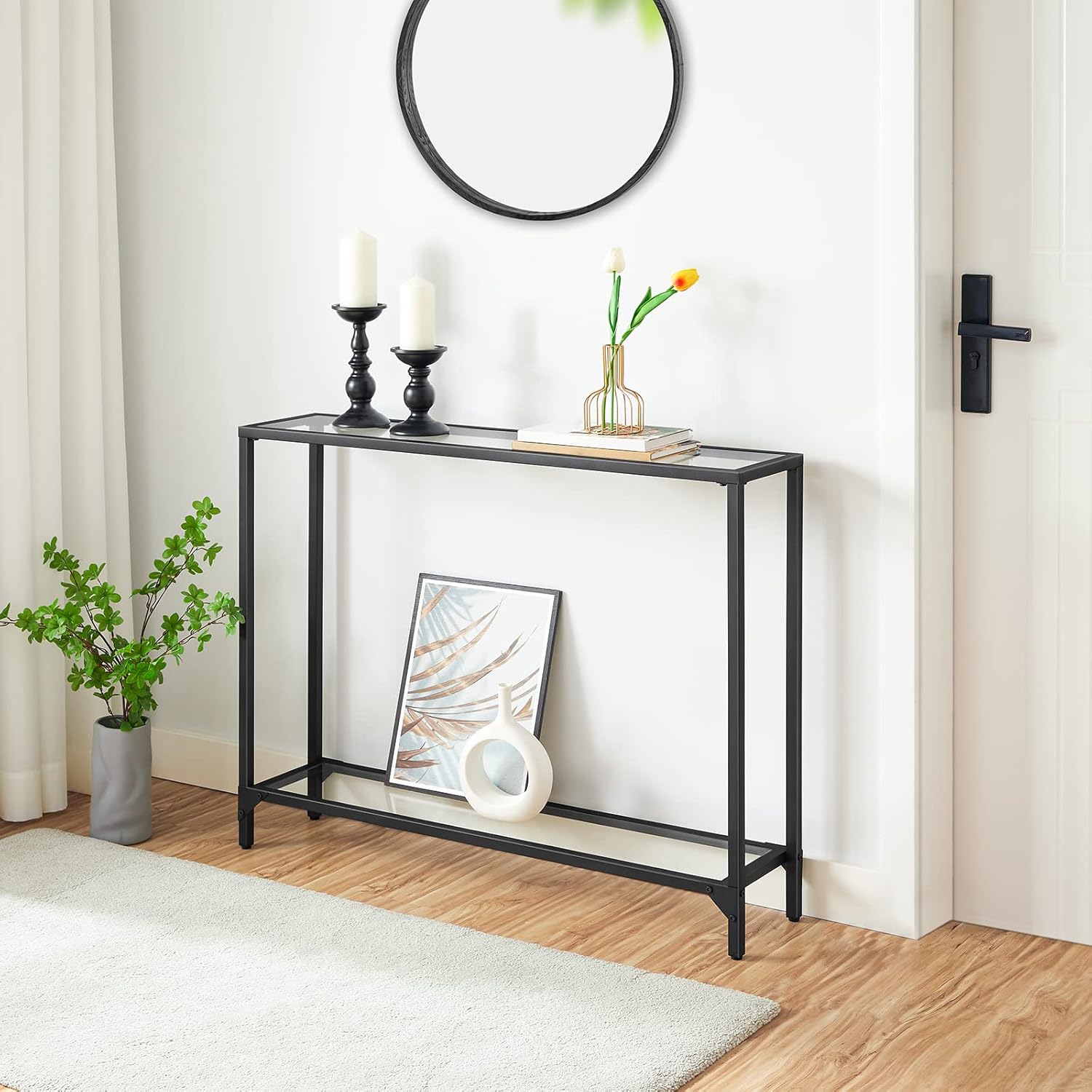HOOBRO 39.4" Narrow Tempered Glass Console Table, 2-Tier Modern Sofa & Entryway Table with Metal Frame, Black BK04XG01
