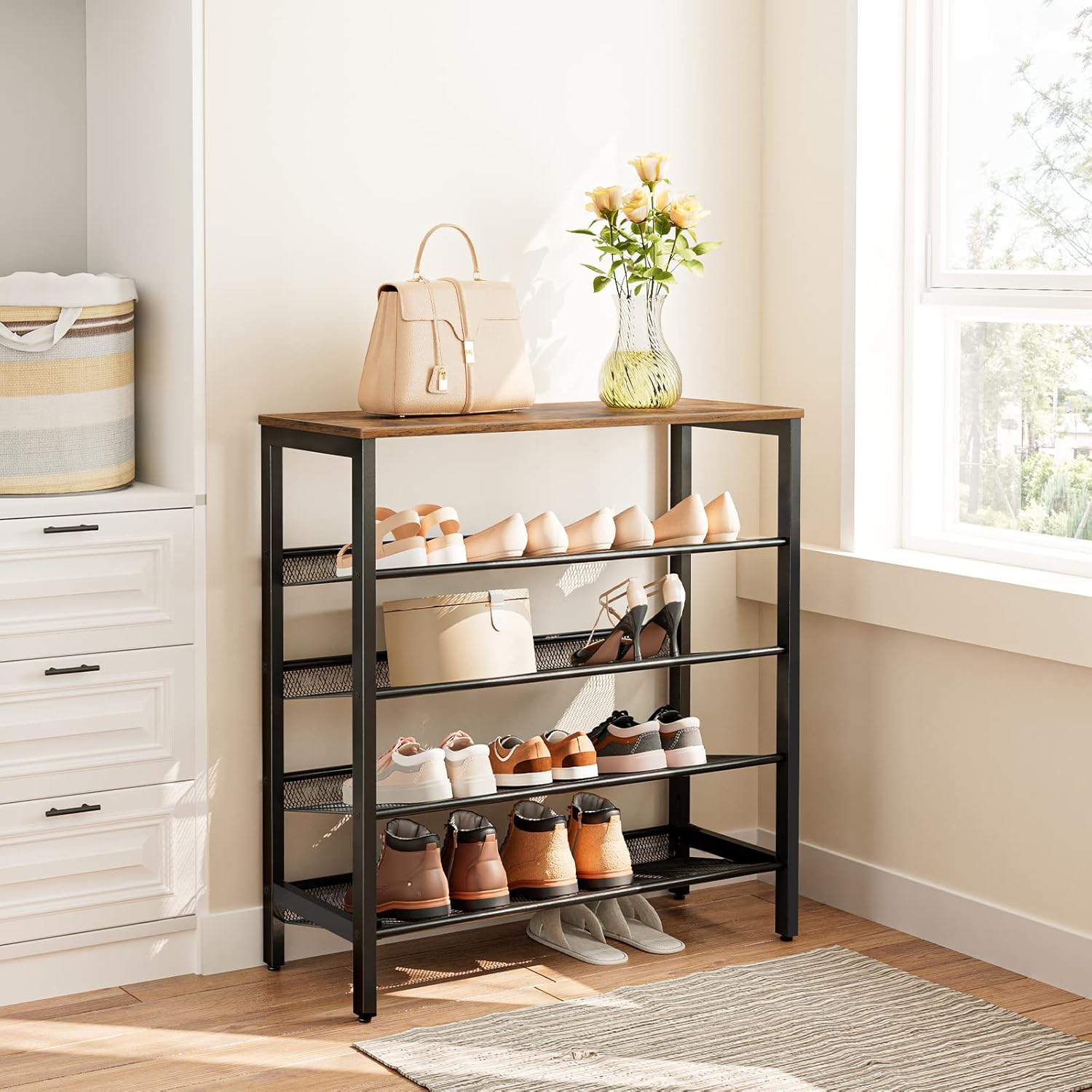 HOOBRO 5-Tier Shoe Rack, Adjustable Flat & Slanted Shoe Storage Organizer for 16 Pairs, Rustic Brown & Black